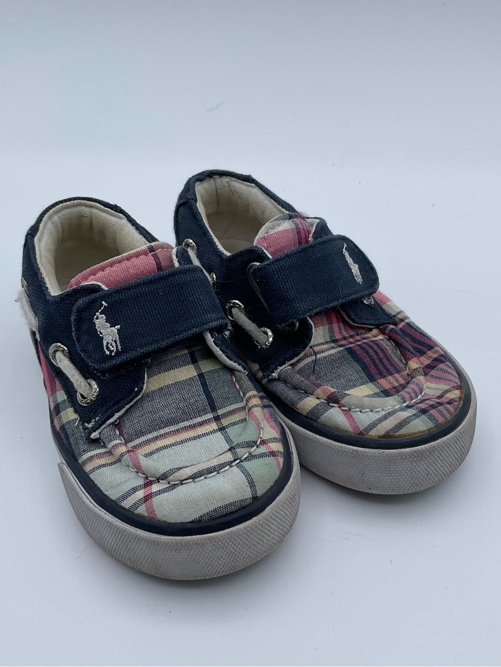 Polo Ralph Lauren Toddler Plaid Boat Shoes Hook & Loop Navy Size 6 EUC